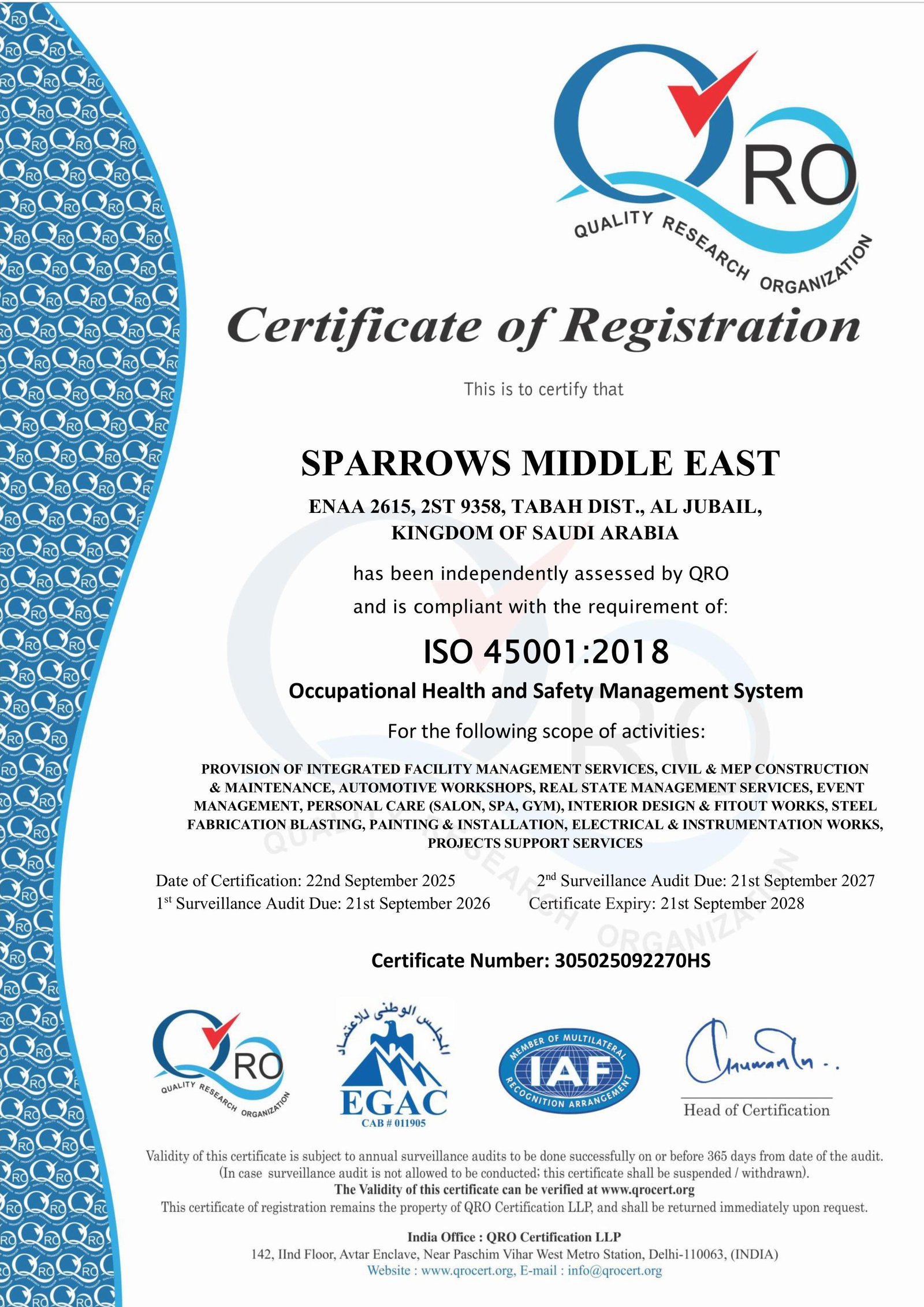 ISO 45001:2018 Occupational Health and Safety Management System Certificate
